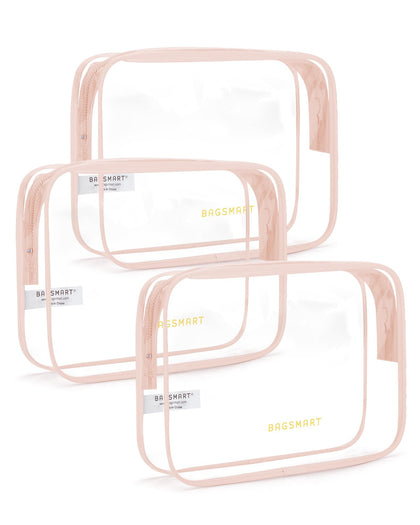 BAGSMART Clear Toiletry Bag 3-Pack in nude pink front view