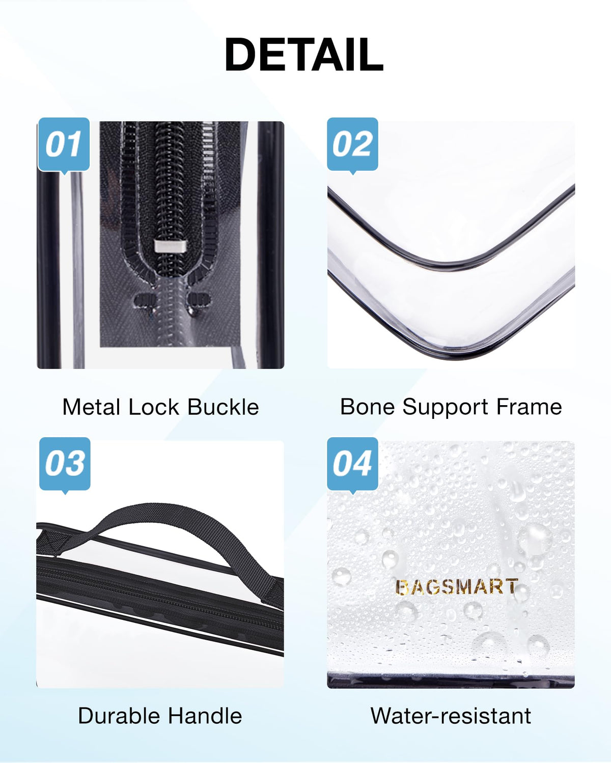 BAGSMART Clear Toiletry Bag showing zipper detail