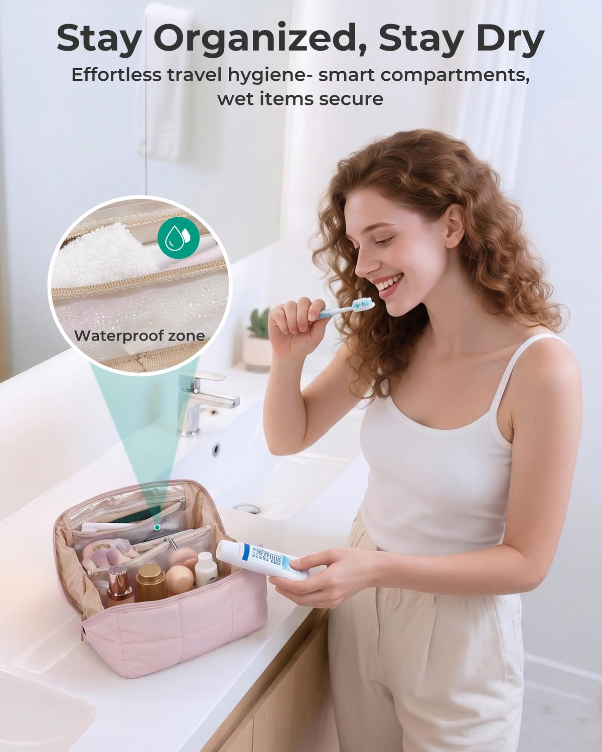 BAGSMART Flat-Open Makeup Bag in travel setting