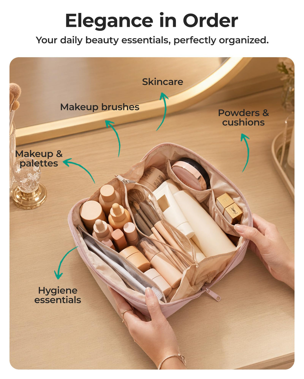 BAGSMART Flat-Open Makeup Bag side view with handle