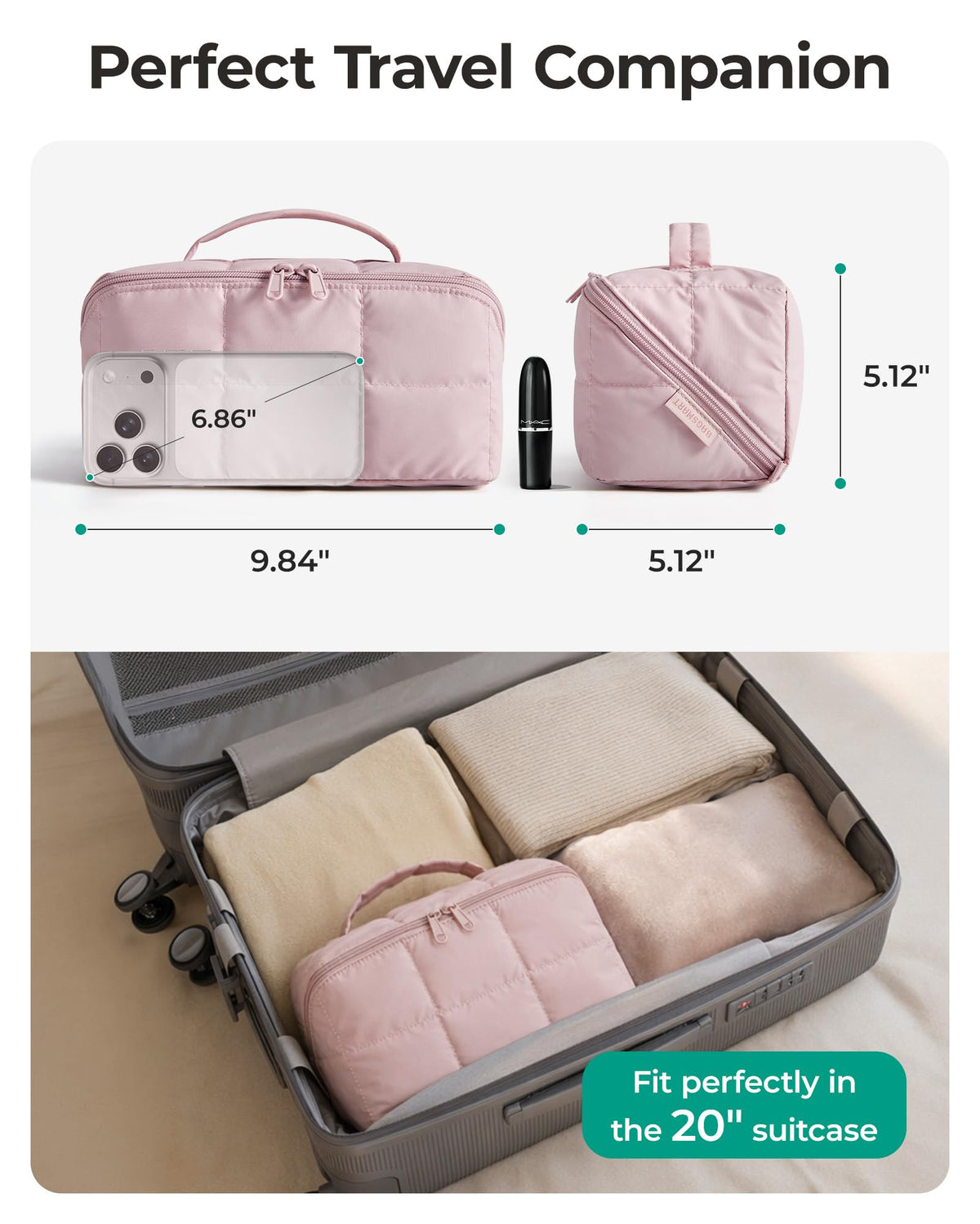 BAGSMART Flat-Open Makeup Bag with skincare products inside