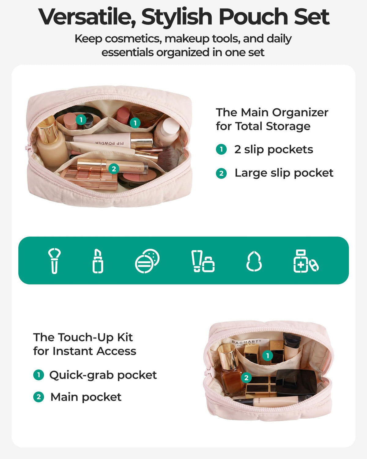 BAGSMART large makeup bag open, showcasing interior compartments