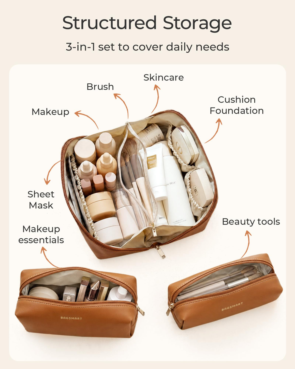 BAGSMART large makeup bag with full-size cosmetics inside