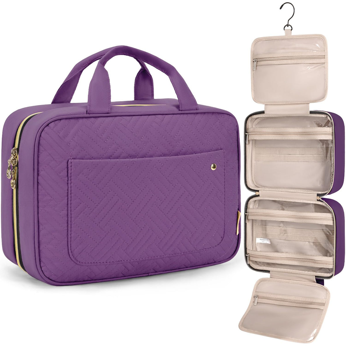 BAGSMART Large Toiletry Bag purple front view with compartments