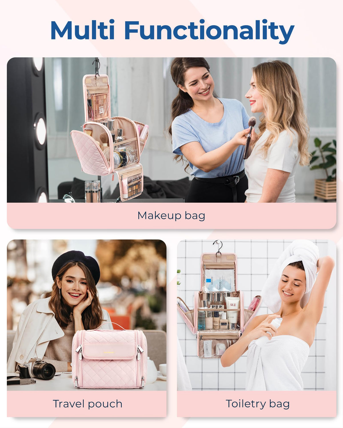 BAGSMART Makeup Bag back view with 360-degree rotatable hook