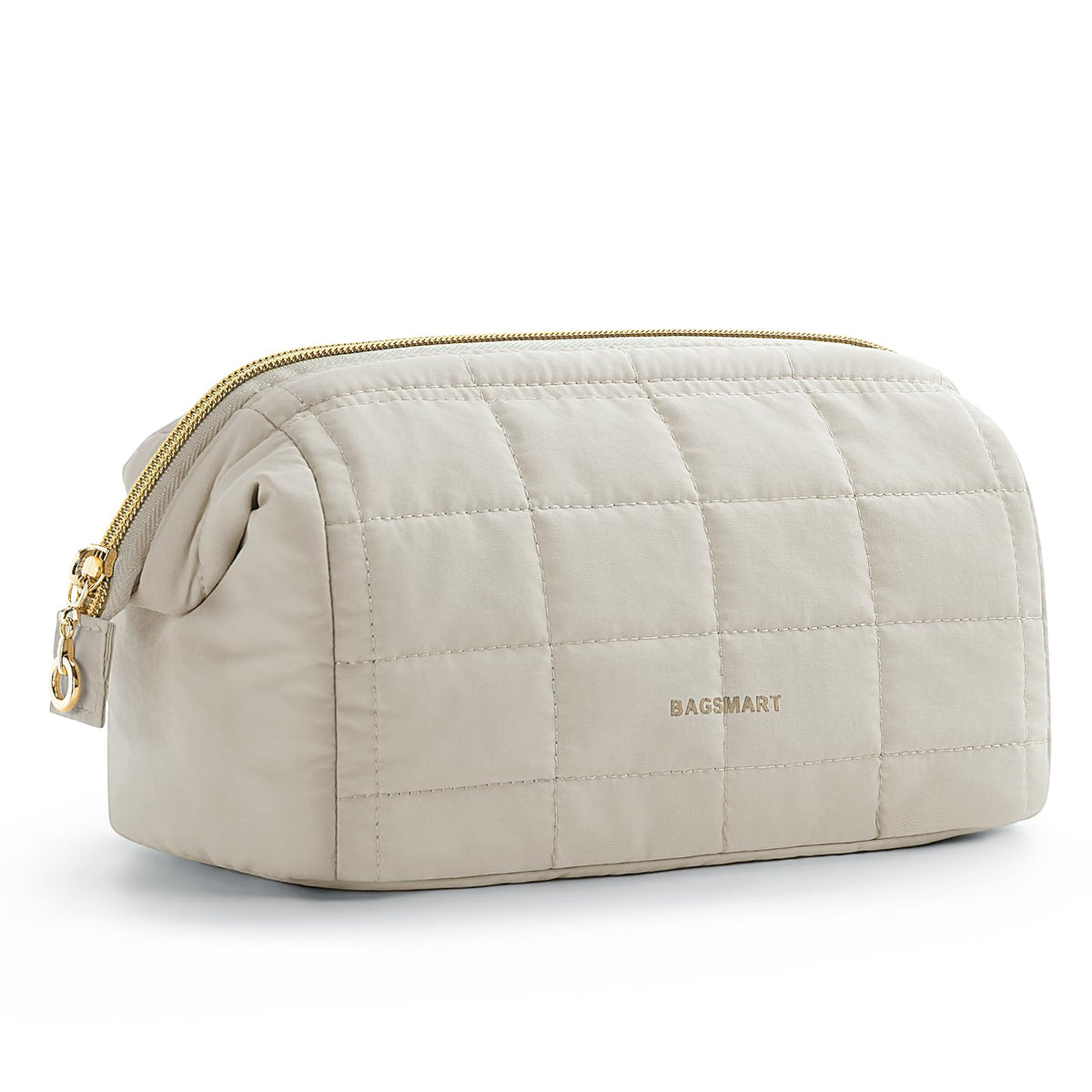 BAGSMART Makeup Bag beige front view with wide opening