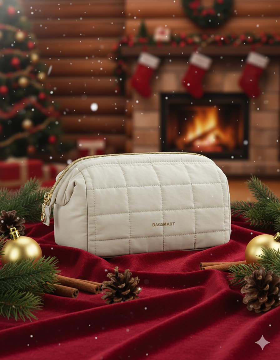 BAGSMART Makeup Bag beige interior showing three pockets