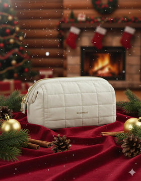 BAGSMART Makeup Bag beige interior showing three pockets