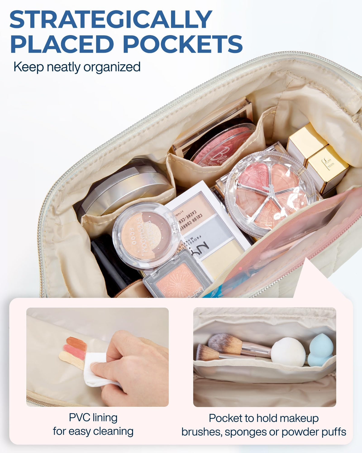 BAGSMART Makeup Bag beige lifestyle scene on a vanity