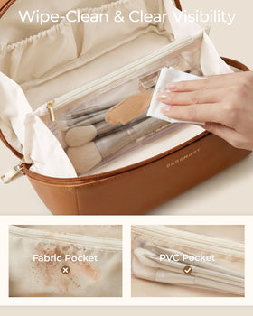 BAGSMART Makeup Bag Classic Brown flat lay opening