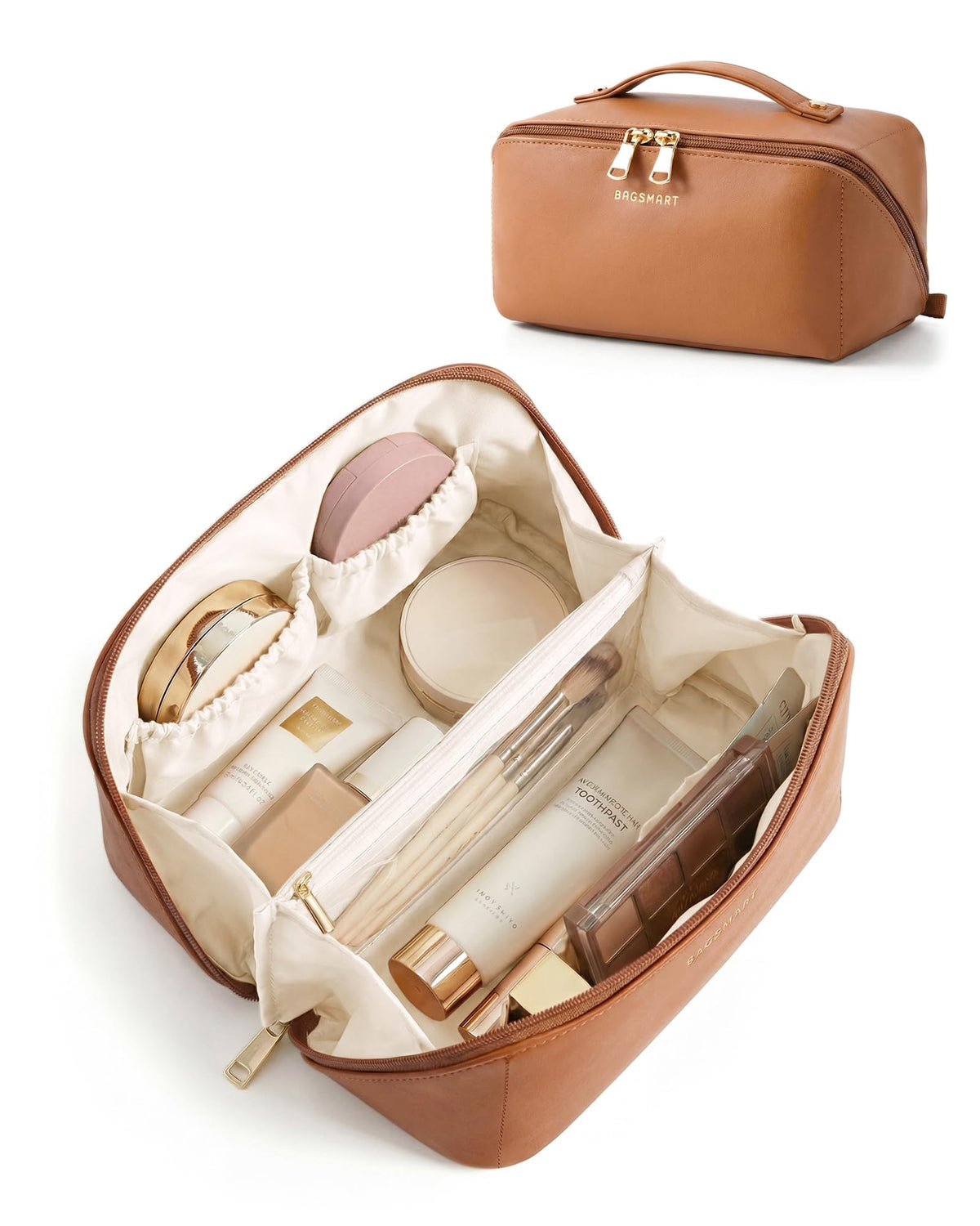 BAGSMART Makeup Bag Classic Brown front view