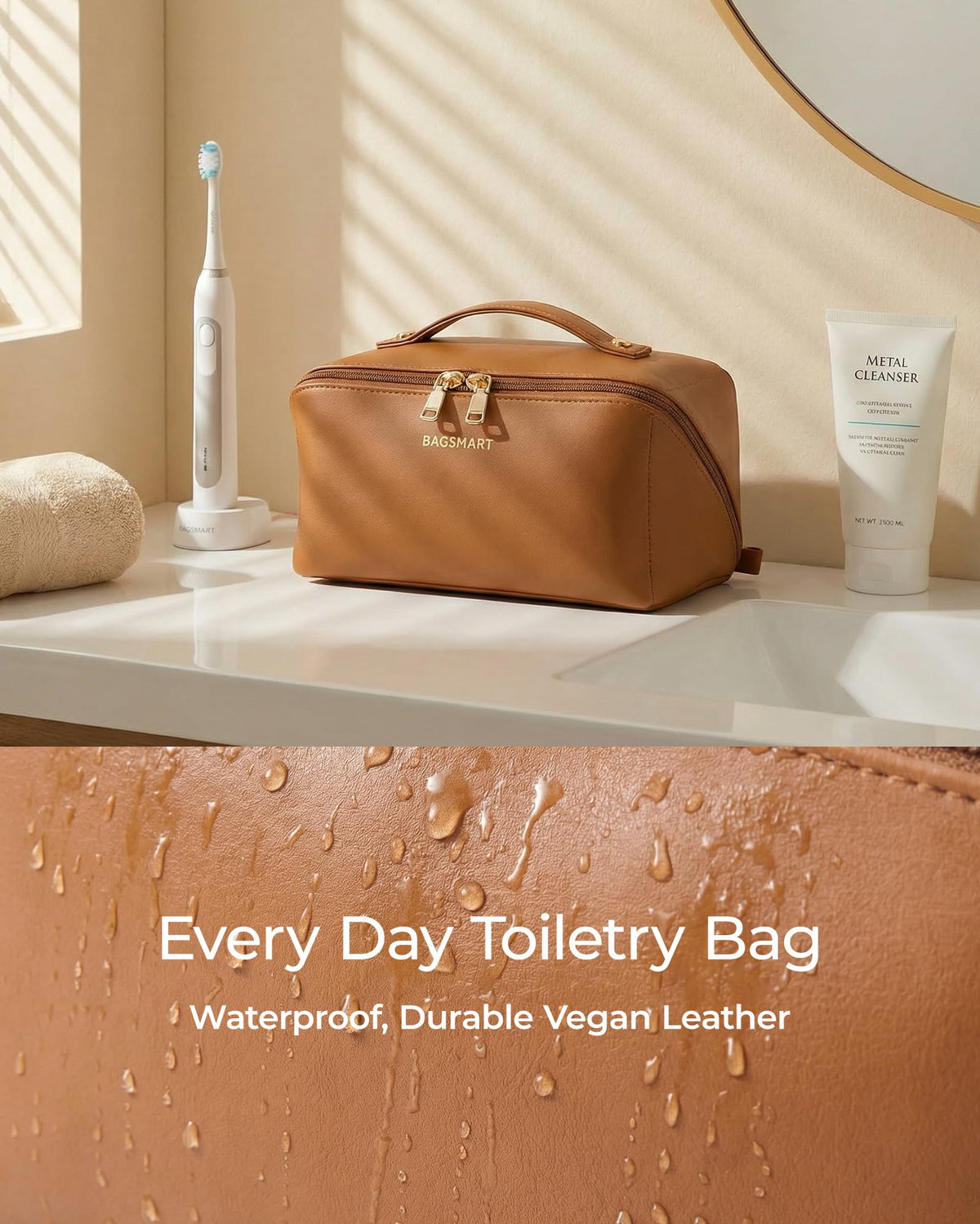 BAGSMART Makeup Bag Classic Brown side view