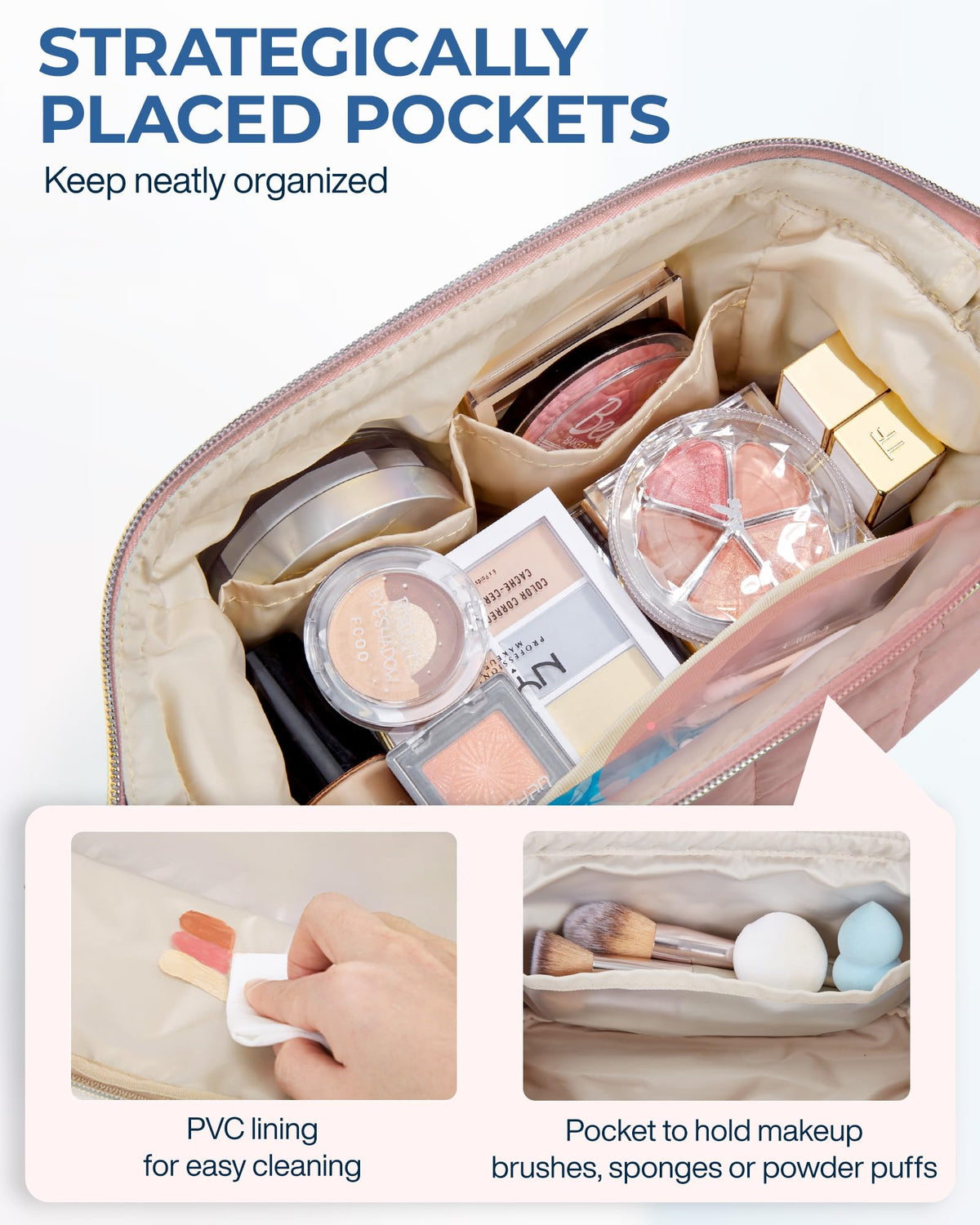 BAGSMART Makeup Bag Dark Pink with makeup brushes inside