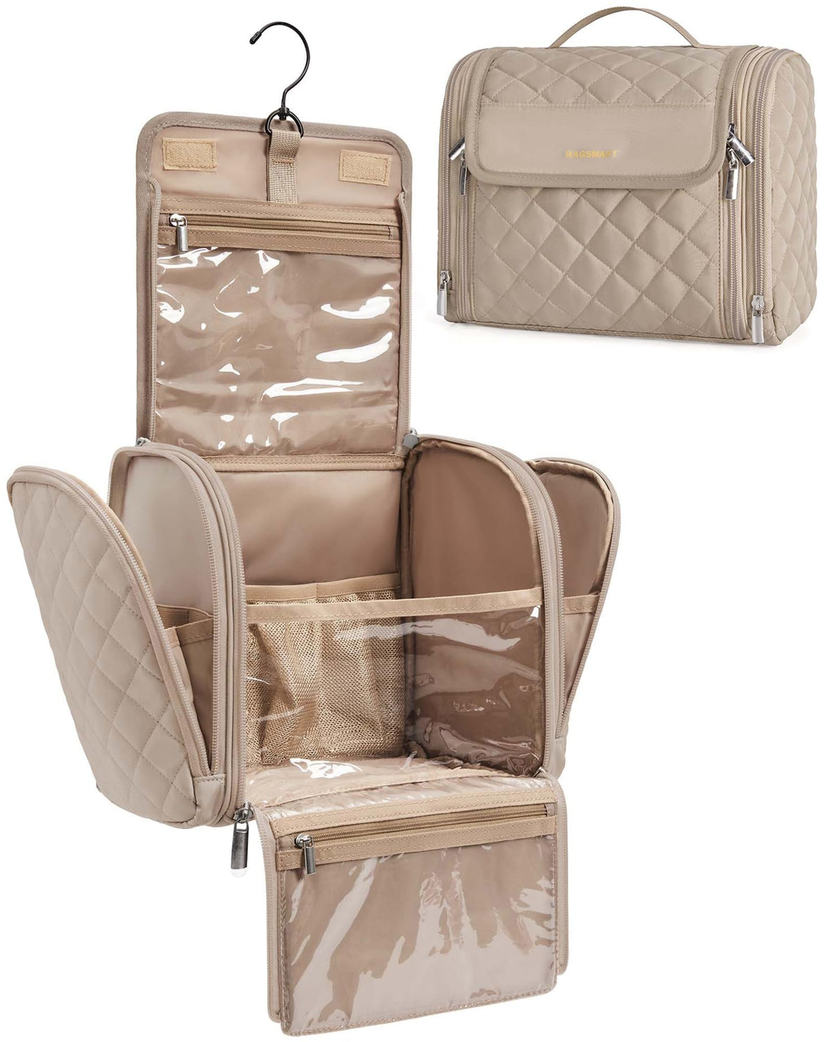 BAGSMART Makeup Bag front view in brown with hanging hook