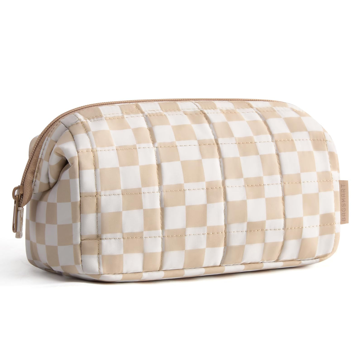 BAGSMART Makeup Bag front view in checkered khaki