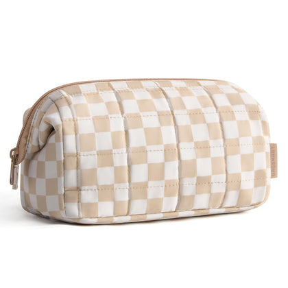 BAGSMART Makeup Bag front view in checkered khaki