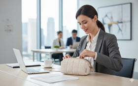 BAGSMART Makeup Bag lifestyle image with travel essentials