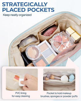 BAGSMART Makeup Bag Mint Green with makeup brushes inside