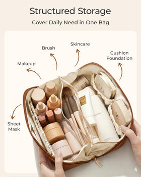 BAGSMART Makeup Bag open flat showing organized storage