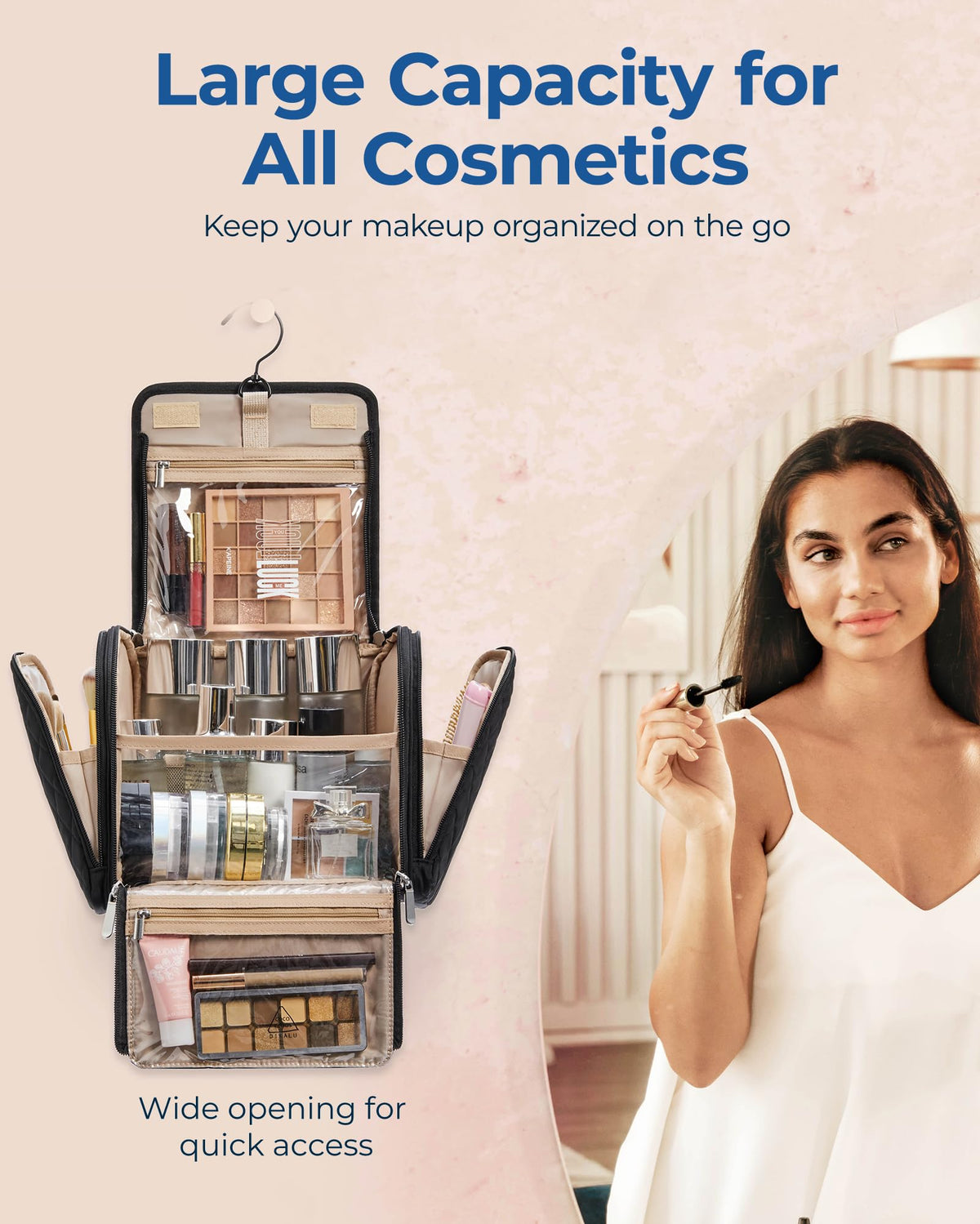 BAGSMART Makeup Bag opened with cosmetics inside
