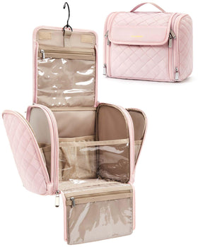 BAGSMART Makeup Bag pink model front view with hanging hook
