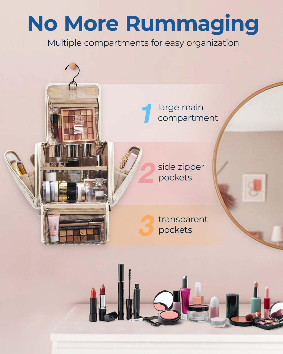 BAGSMART Makeup Bag pink with large capacity storage compartments