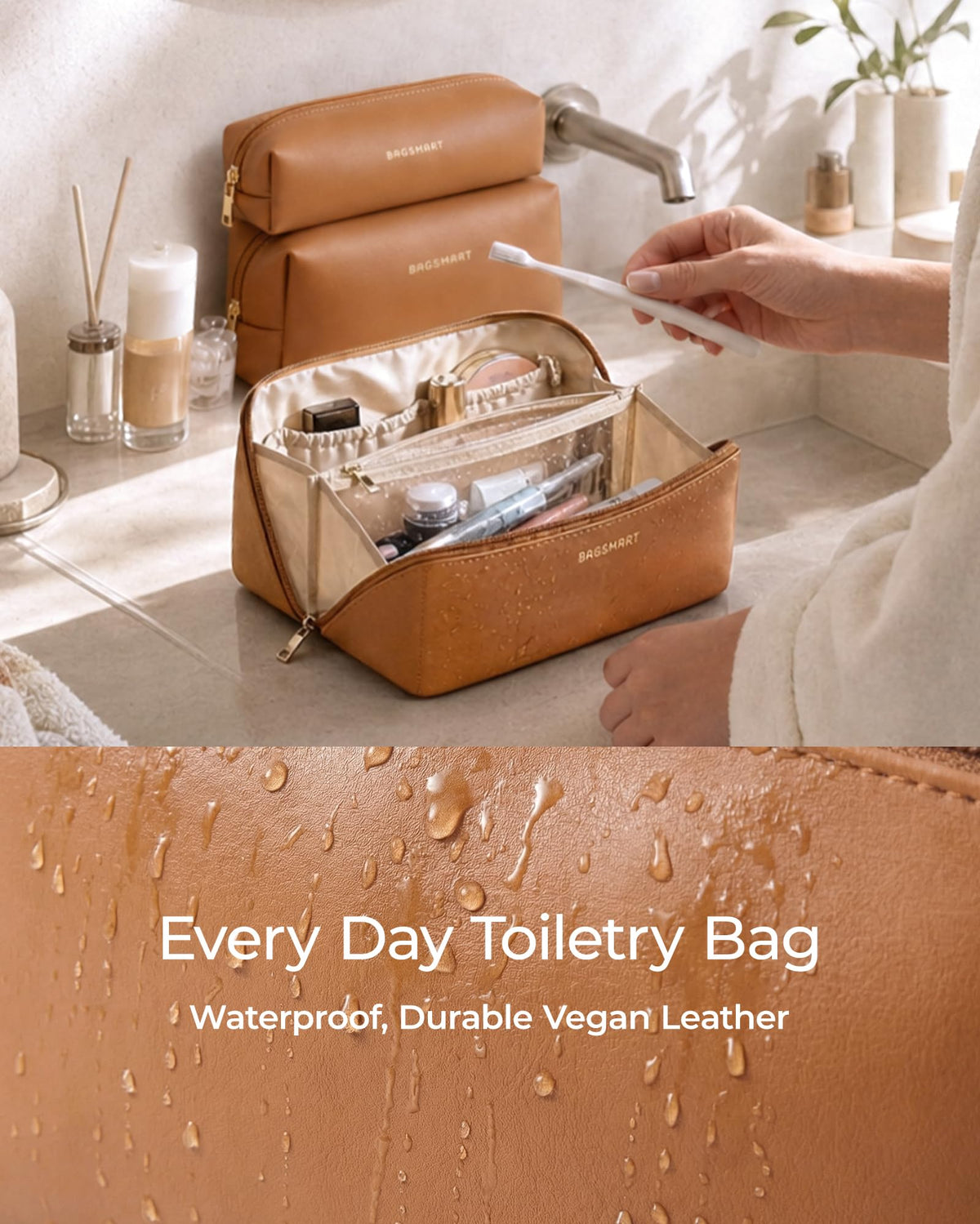BAGSMART makeup bag set displayed with travel essentials