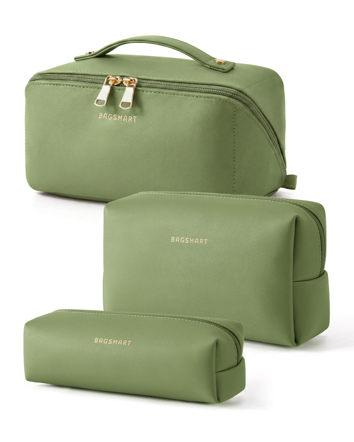 BAGSMART Makeup Bag Travel 3 Pcs Set in Dark Green front view