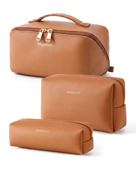 BAGSMART Makeup Bag Travel Set Classic Brown front view