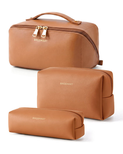 BAGSMART Makeup Bag Travel Set Classic Brown front view