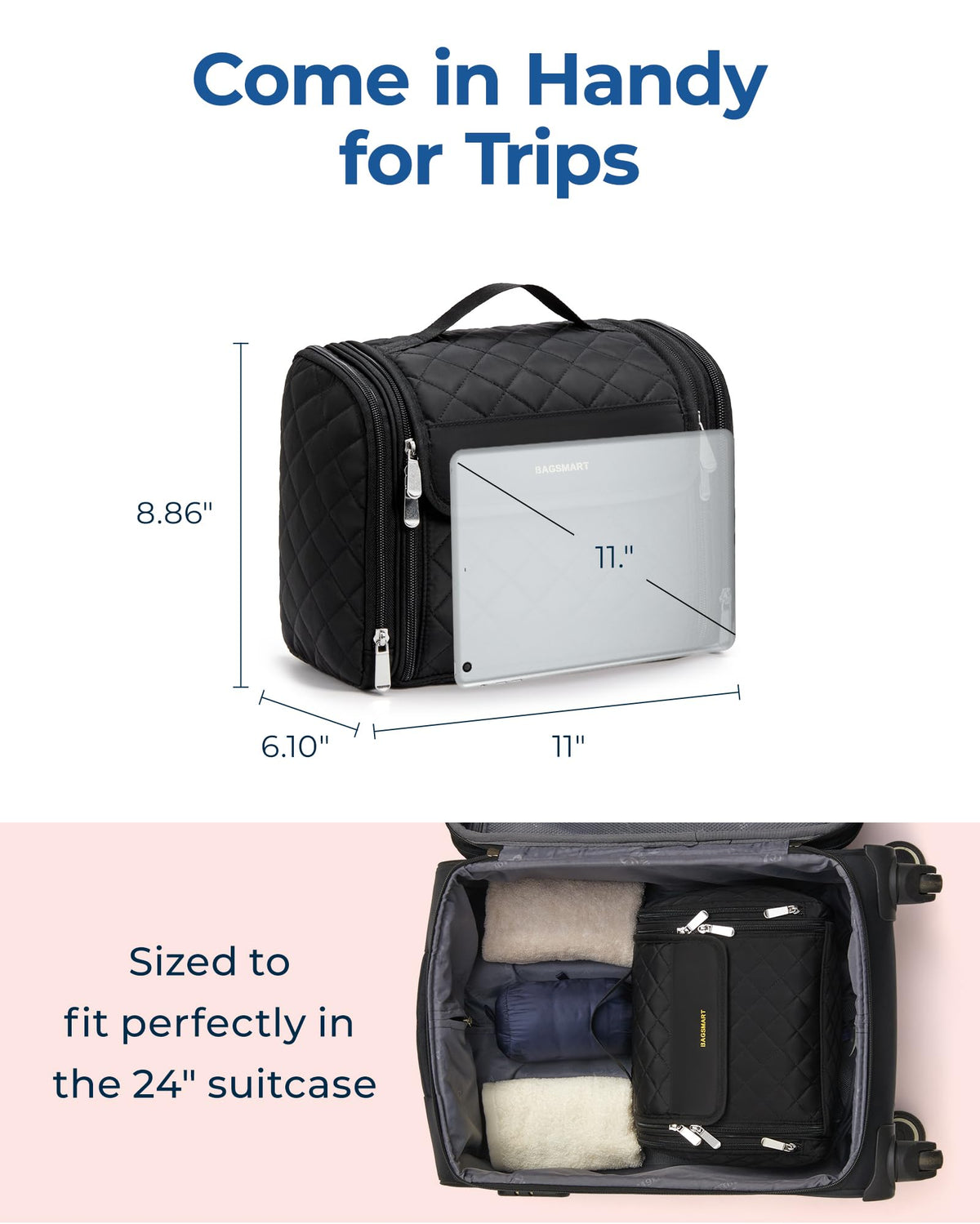 BAGSMART Makeup Bag with transparent pockets visible