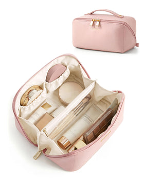 BAGSMART Pink Makeup Bag front view with flat lay opening