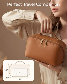 BAGSMART Pink Makeup Bag open with cosmetics displayed