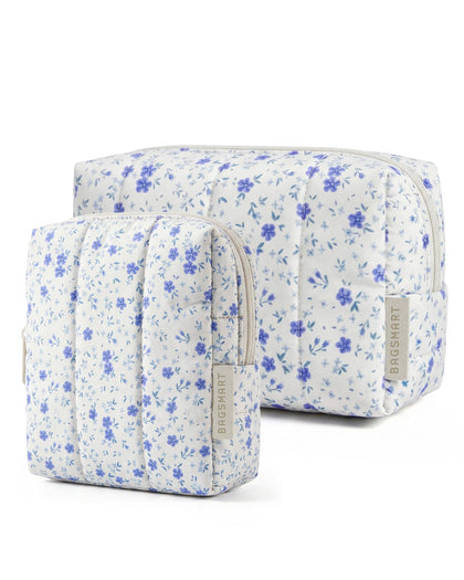 BAGSMART Puffy Makeup Bag Duo large bag front view in blue floral