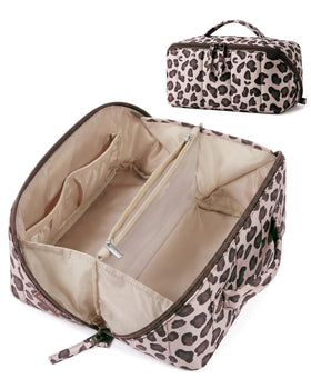 BAGSMART Puffy Open Flat Travel Makeup Bag in Leopard design front view