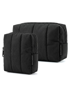 BAGSMART Puffy Padded Travel Makeup Bag Duo in black, front view