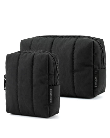 BAGSMART Puffy Padded Travel Makeup Bag Duo in black, front view