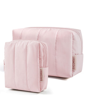 BAGSMART Puffy Travel Makeup Bag Duo in Baby Pink, large and small bags side by side