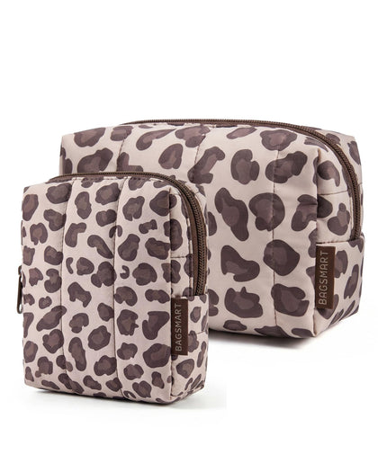 BAGSMART Puffy Travel Makeup Bag Duo in leopard print front view