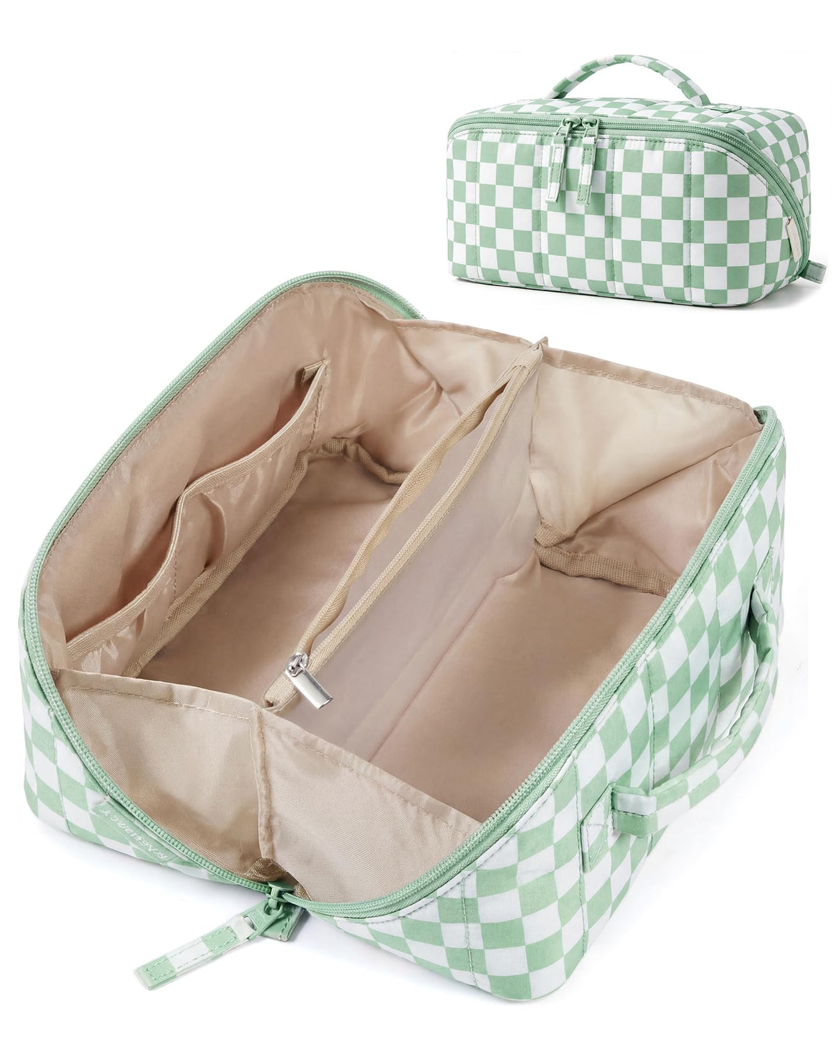 BAGSMART Puffy Travel Makeup Bag front view in Checkered Green