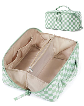 BAGSMART Puffy Travel Makeup Bag front view in Checkered Green