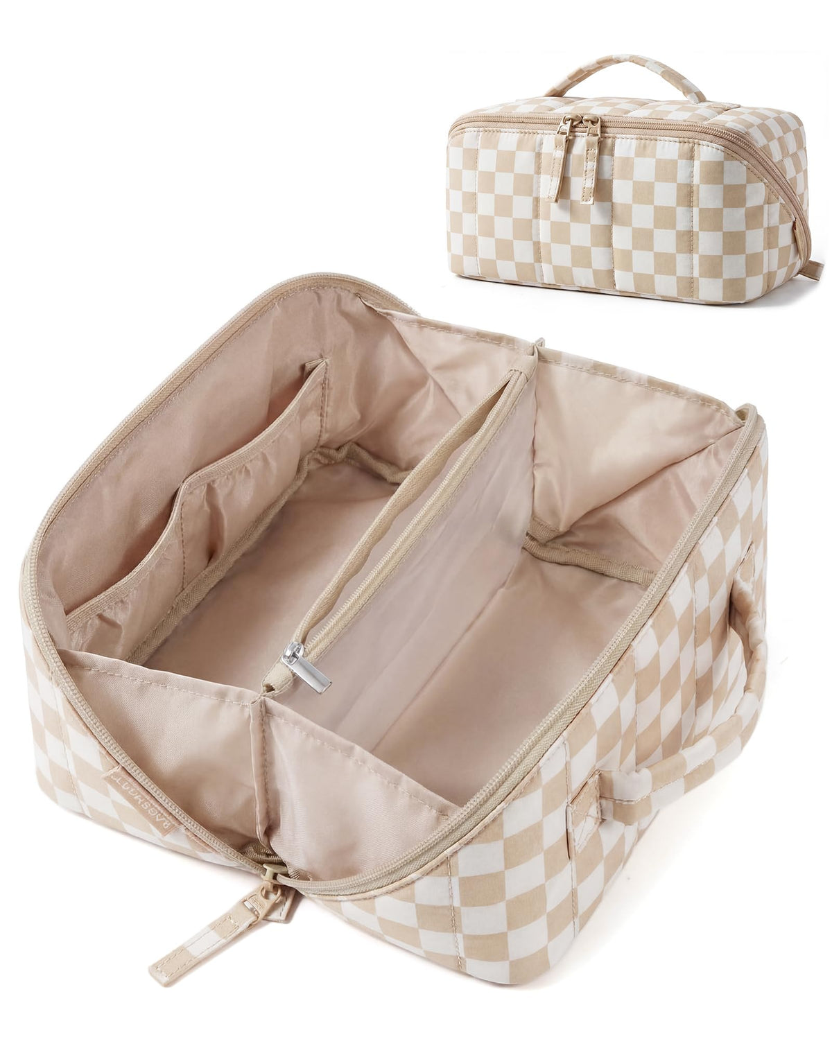 BAGSMART Puffy Travel Makeup Bag front view in Checkred Khaki