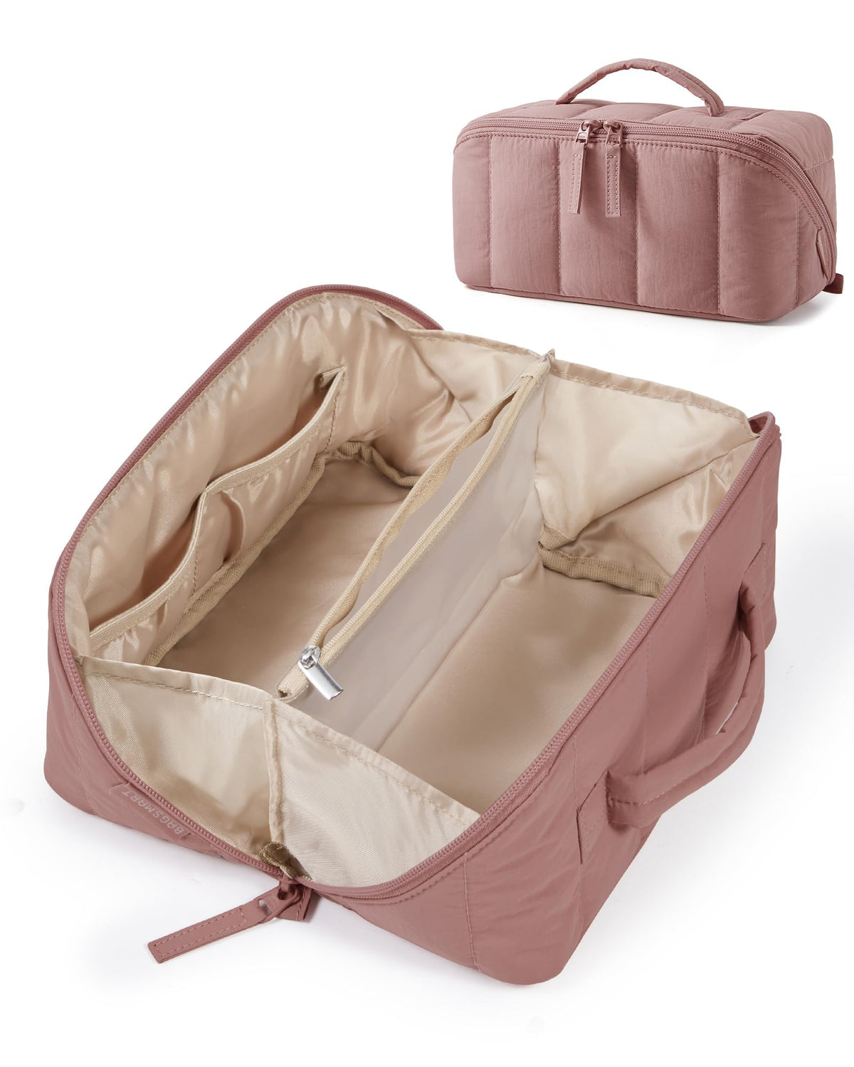 BAGSMART Puffy Travel Makeup Bag front view in dark pink
