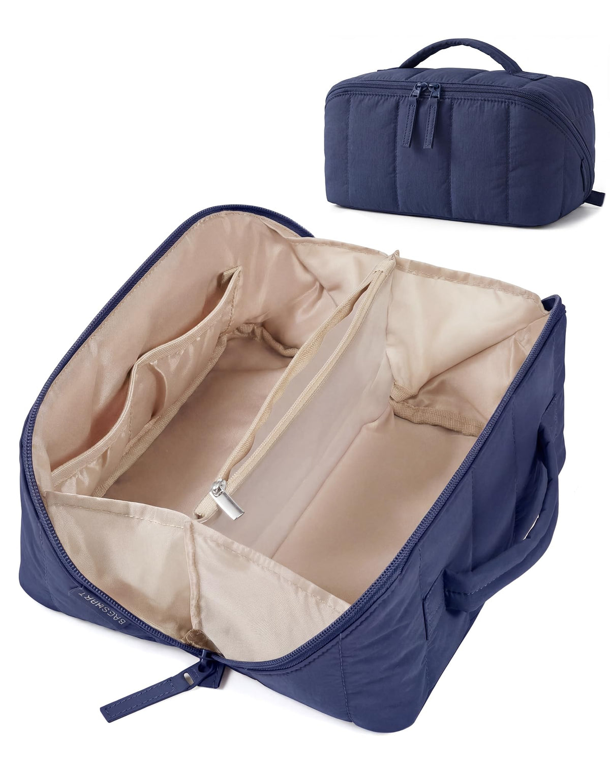 BAGSMART Puffy Travel Makeup Bag front view in Navy Blue