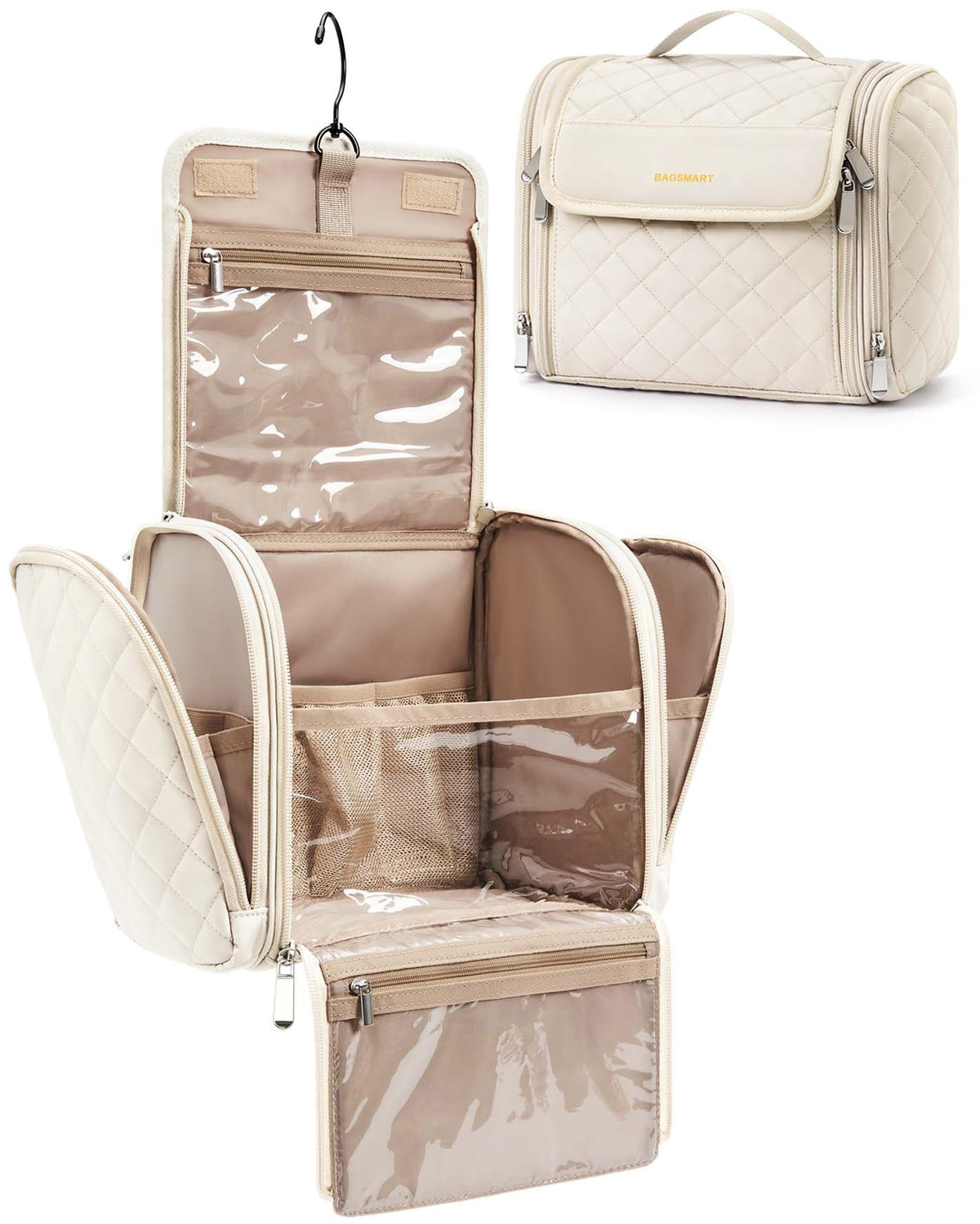 BAGSMART Toiletry Bag beige model front view with hanging hook