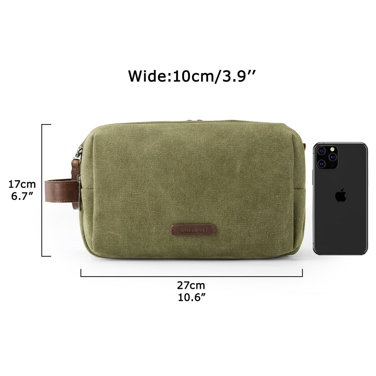 BAGSMART toiletry bag dimensions displayed beside travel items