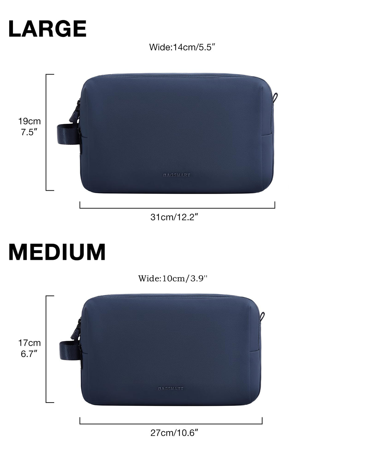 BAGSMART Toiletry Bag dimensions displayed on a flat surface