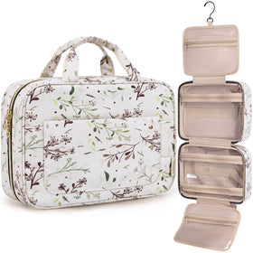 BAGSMART Toiletry Bag front view in beige ditsy floral pattern