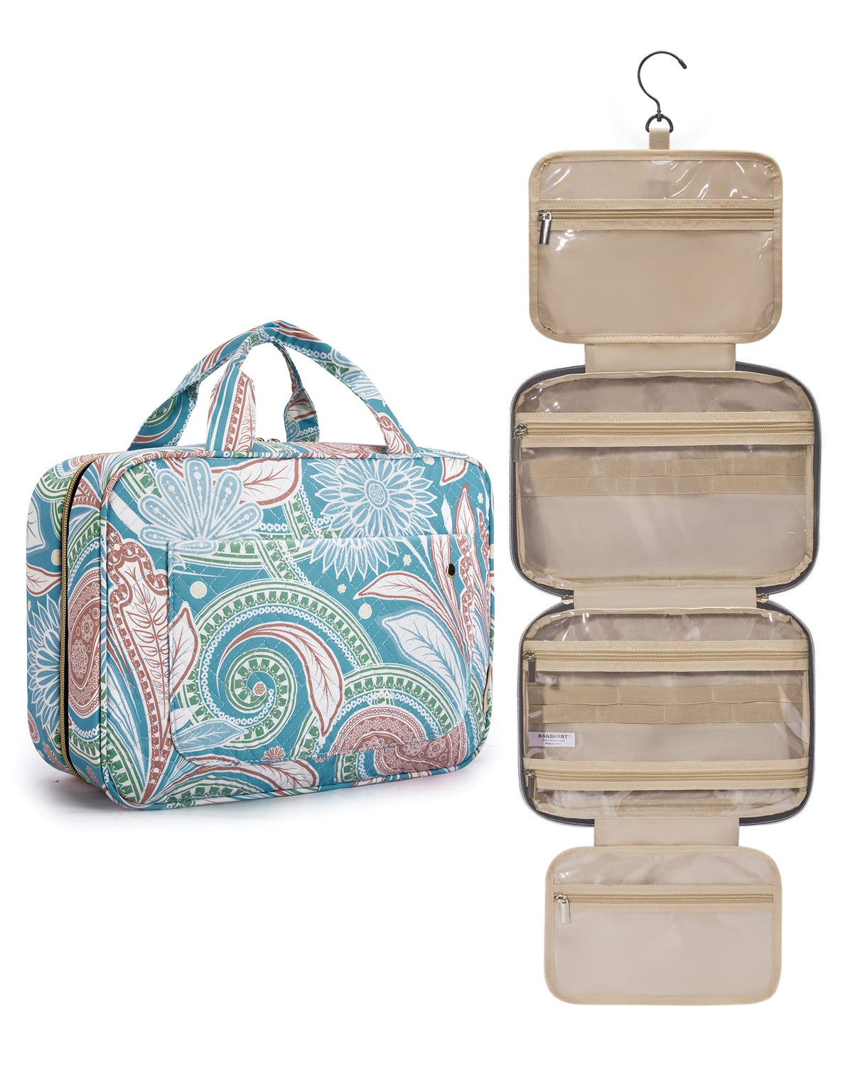 BAGSMART Toiletry Bag front view in green paisley pattern