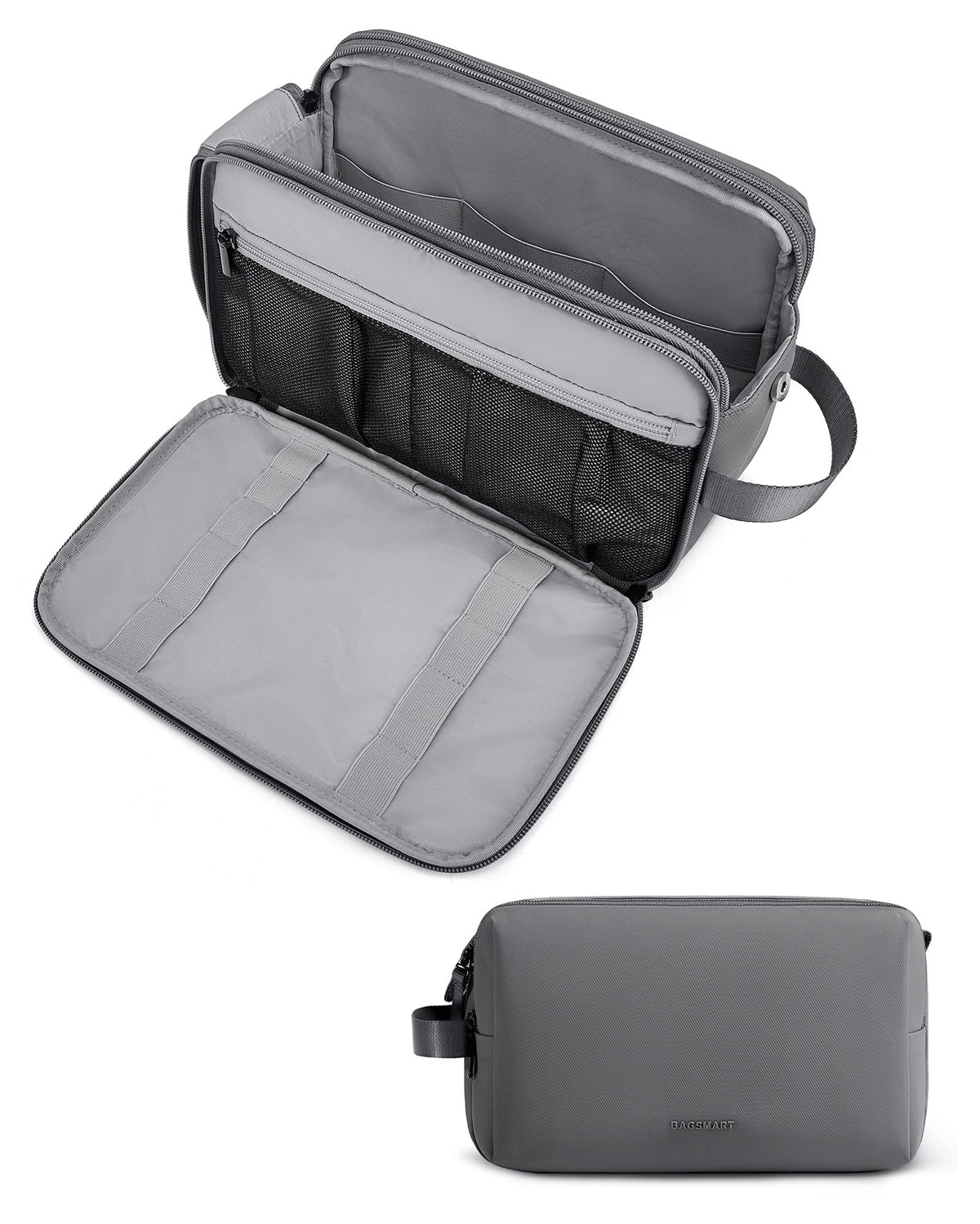 BAGSMART Toiletry Bag front view in grey with dual zippers